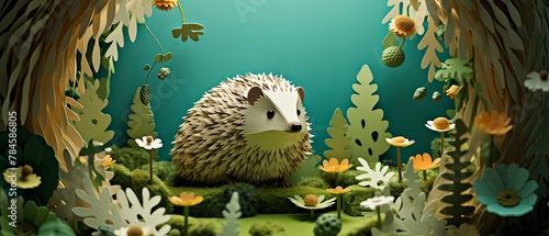 Paper-cut illustration of a hedgehog uncurling in springtime, minimalist 3D-rendered garden,