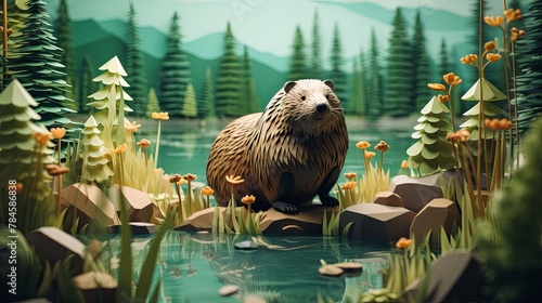 Paper-cut style 3D render of a beaver by a woodland stream, minimalist forest background,