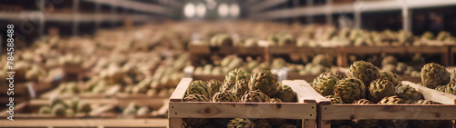 Artichokes harvested in wooden boxes in a warehouse. Natural organic fruit abundance. Healthy and natural food storing and shipping concept.