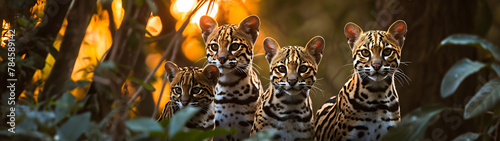 Ocelot family in the savanna with setting sun shining. Group of wild animals in nature. Horizontal, banner.