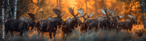Moose family in the forest in summer evening with setting sun. Group of wild animals in nature. Horizontal, banner.