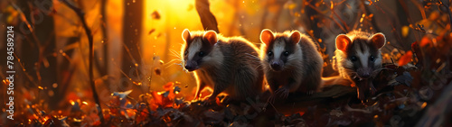 Opossum family in the forest with setting sun shining. Group of wild animals in nature. Horizontal, banner.