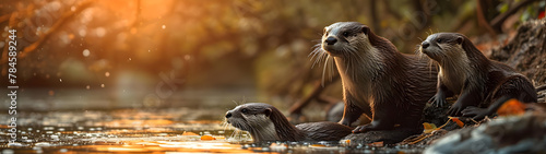 Otter family at the bank of the forest river with setting sun shining. Group of wild animals in nature. Horizontal, banner.