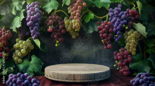 Thick bushes of ripe grapes hang over an empty podium. An empty showcase for displaying goods. 3D rendering.