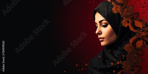 beautiful arabic person on a dark red background with arabic pattern and lot of negative space, banner for Arabic american Heritage Month 