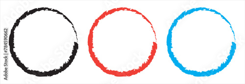 Set different color circle brush strokes, hand drawn paint brush circle logo frame. Set of 3 color Grunge ink circle made of black paint. Grunge logo made of ink. Enso Zen Circle Brush Vector. 11:11