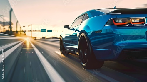 Dynamic Blue Sports Car in Motion on a Highway at Sunset. Automotive Elegance and Performance Captured in Motion Blur. Perfect Shot for Speed and Design Enthusiasts. AI