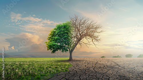 Conceptual image of drought land with lonely tree in the middle