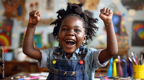 A child's joyous expression as they show off a handmade craft, the background filled with art supplies, emphasizing the importance of creativity in early development.