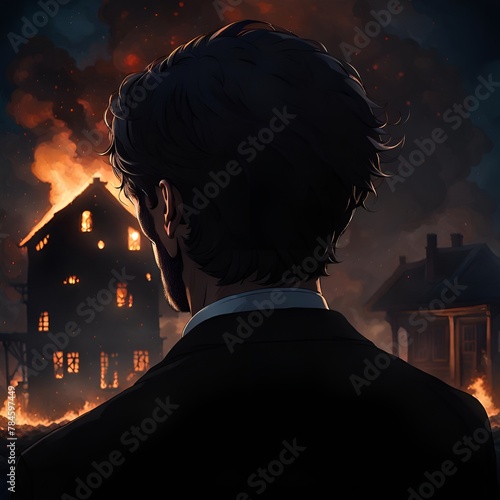 Man Watching A House Fire Burn Down in the Dark of Night
