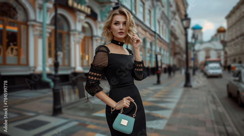 Elegant blond woman black dress strolls through historical city street. Fashion urban style