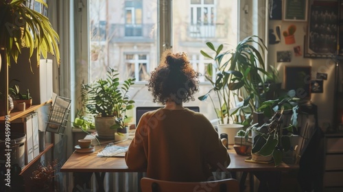 A cozy home office setup by a window, drenched in natural light, where a person is deeply focused on their laptop, surrounded by indoor plants and personal touches that inspire creativity.