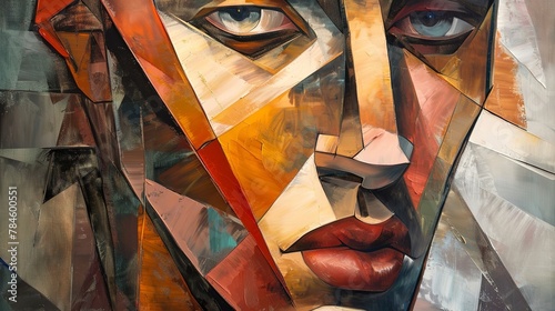 Oil painting Abstract, fragmented face, cubist influence, soft light, close-up, sharp angles. 