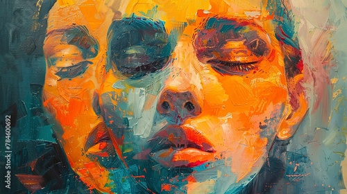 Oil paint, abstracted identity, layered faces, sunset, close focus, textured complexity. 