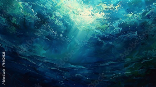 Oil paint, deep sea mystery, dark blues and greens, twilight, wide angle, abyssal shadows.