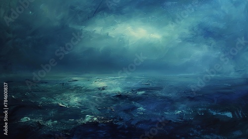 Oil paint, deep sea mystery, dark blues and greens, twilight, wide angle, abyssal shadows. 