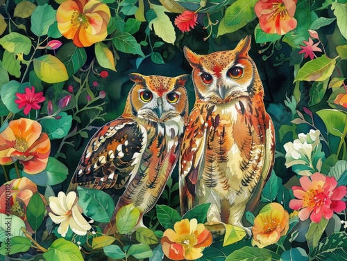Vibrant Owls Feasting in a Lush Rainforest Teeming with Colorful Flora and Fauna