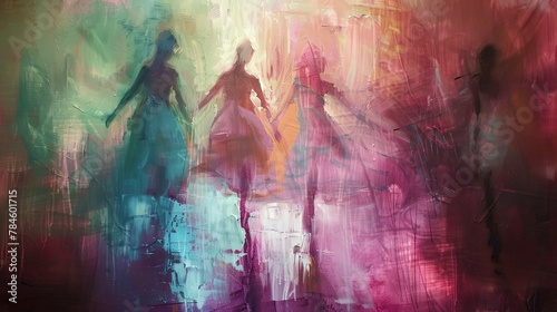 Abstract Oil painting, Degas ballet dancers, soft hues, stage lights, wide lens, fluid movement effect. 