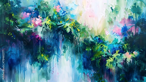 Abstract Oil painting, watercolor garden, lush vegetation, dawn light, panoramic, spontaneous color drips. 