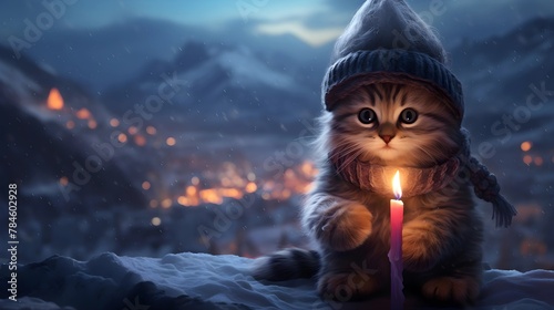 A kitten in a hat on a background of mountains, holding a candle, Christmas. 