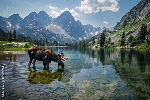 A moose standing in shallow water, with its hooves submerged as it gazes ahead