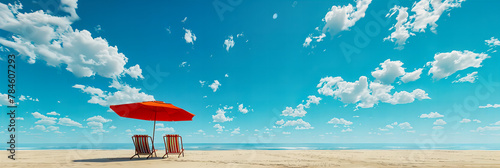 Sunny Beach with Lifeguard Tower and Yellow Umbrella, Safe and Inviting Coastal Vacation Spot