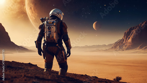 Astronaut in space suit on distant planet with arid climate and harsh environment, generative AI