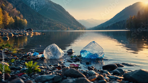 Plastic pollution of beautiful mountain lake