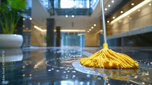 a yellow mop being used to clean a wet floor inside a building with modern interior design, Home cleaning concept