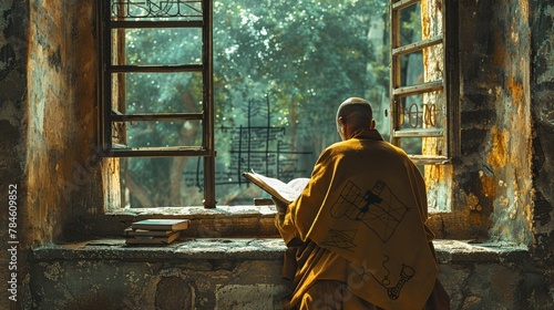 A quiet monastery where monks transcribe ancient scientific texts, adding doodles that illustrate theories in the margins for relaxed contemplation