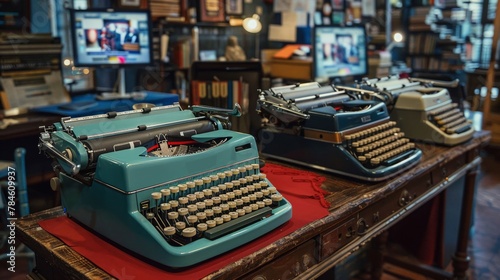 A vintage newsroom using typewriters connected to modern digital feeds, reporting live with a retro aesthetic
