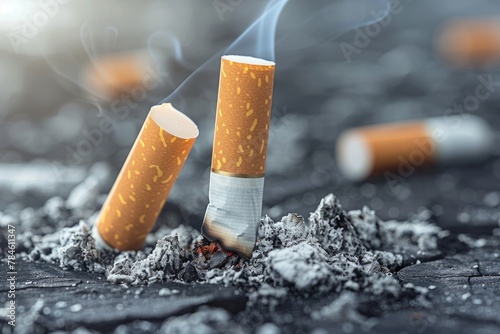Cigarette butts smoldering in ash, toxic smoke and unhealthy addiction concept