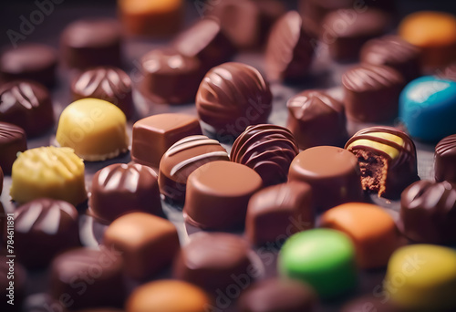 Assorted colorful chocolates with various fillings and designs, displayed in rows on a dark background. International Chocolate Day.
