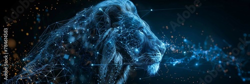 blue digital hologram lion head , ai in wildlife conservation efforts, habitat monitoring systems, animal behavior analysis, and ecological balance preservation. lion wireframe low poly. 