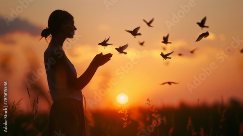 A silhouette of a person standing against the setting sun, hands gently opened to release birds into the freedom of the dusky sky, embodying hope and liberation.