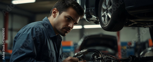 Automotive Mechanic Diagnosing Complex Issue Under the Hood with Focused Expertise in Candid Daily Environment