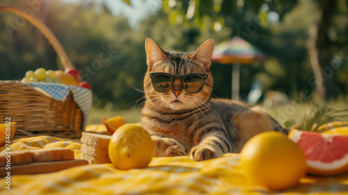 A cat in sunglasses enjoys a picnic on a yellow blanket with fruits and sandwiches, perfect for summer, spring and outdoor concepts 