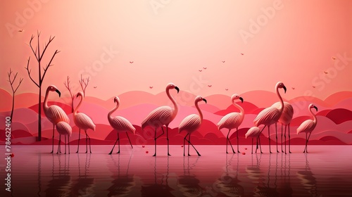 Paper-cut style depiction of a flock of flamingos in a wetland, realistic 3D minimalist design,