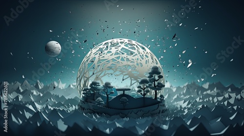 Paper-cut style globe with acid rain effects, realistic 3D look, minimalist, blurred stormy sky background,