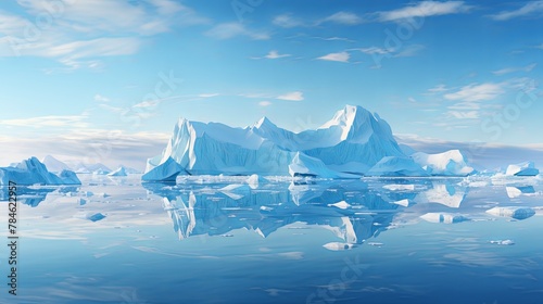 Realistic depiction of melting icebergs in a paper-cut style, global warming visual, minimalist, super blurred ocean background,