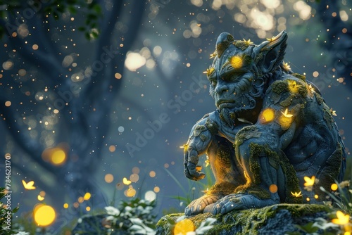 A 3D-rendered scene of a guardian gargoyle sitting in a mystical forest with glowing eyes and surrounded by magical lights, perfect for fantasy worldbuilding or enchanting illustrations.