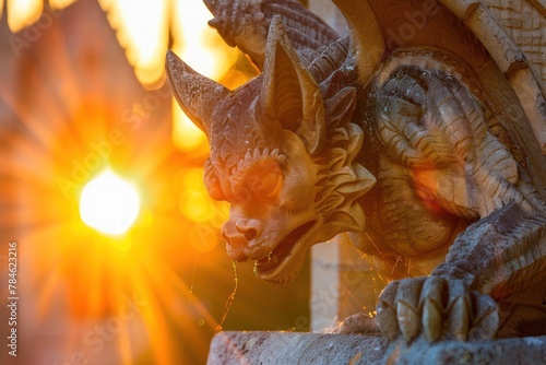 A gargoyle sculpture silhouetted against the bright sun, droplets sparkling in the light, an enchanting visual for fantasy-themed media or environmental art showcases.