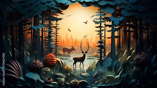 Realistic paper-cut illustration of species extinction, minimalist style, blurred natural habitat background,