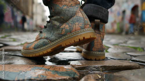 Trendsetting waterproof boots with world map print for globetrotters and outdoor activities. Excellent for travel gear advertisements and Instagram influencer marketing.