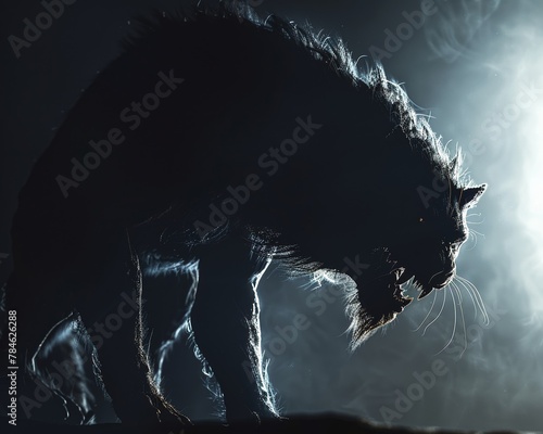 The terrifying silhouette of a chimera looms ominously in the darkness, its monstrous form blending seamlessly with the black backdrop