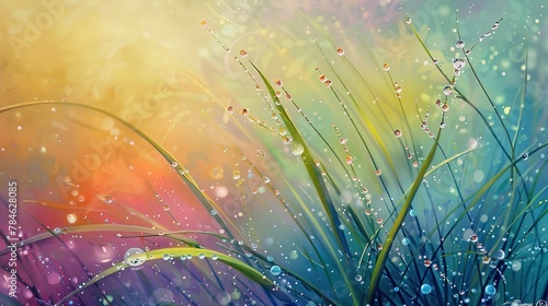 Abstract, dew on grass, oil effect, morning hues, sunrise, close focus, dewdrop sparkle. 