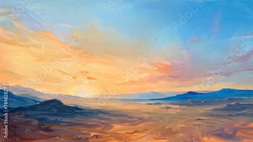 Oil paint, desert sunrise, cool blues to warm oranges, morning, wide view, soft gradient.