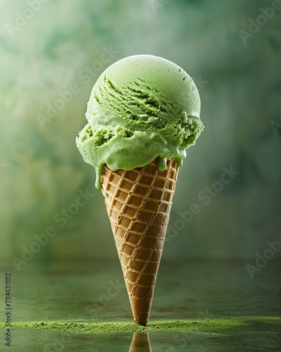 One scoop of matcha green tea ice cream in a waffle cone