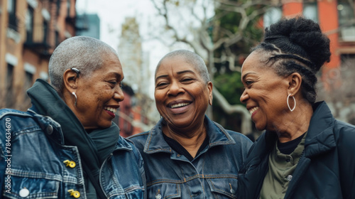 A trio of joyful elderly African American women share a light moment on an urban sidewalk, showcasing friendship and happiness