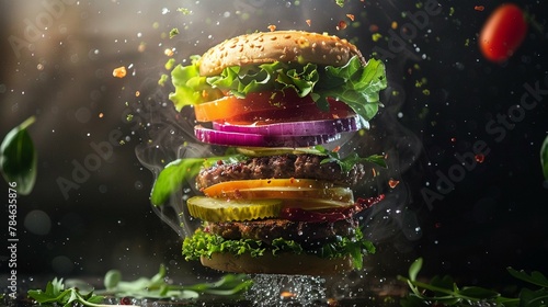 A deconstructed vegan burger radiates an ethereal glow, with each ingredient suspended in mid-air, showcasing the vibrant colors and fresh, healthy appeal.
